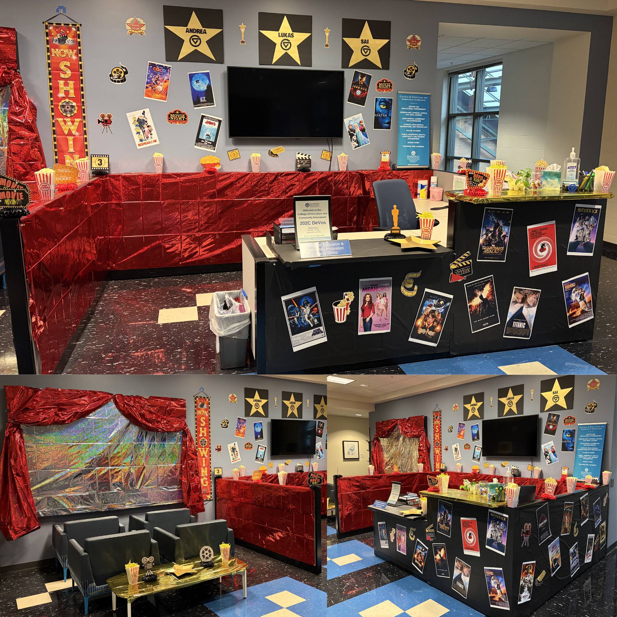 Hollywood stars along the back wall with student names, the desk is covered in red paper, lots of movie posters